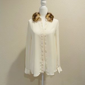 Zara Cream Button Down Shirt with Faux Fur Collar